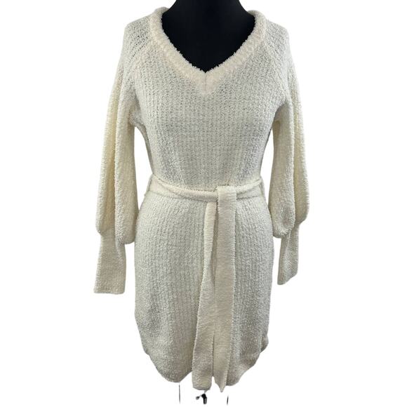 EMMA & POSH Off White Boucle Knit VNeck Balloon Sleeve Tie Waist Sweater Dress M - Picture 1 of 7